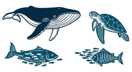Marine life illustrations of whale, turtle, and fish in vintage style