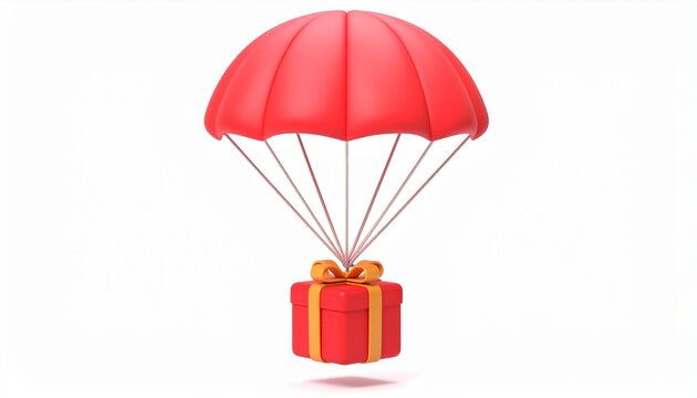 3D icon of a holiday surprise gift box with ribbon bow delivered by parachute in festive celebration style