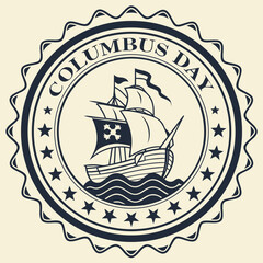 Columbus Day vintage seal with sailing ship and waves © Ameen