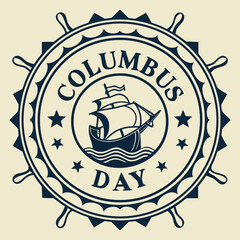 Columbus Day nautical emblem with sailing ship and ship's wheel © Ameen