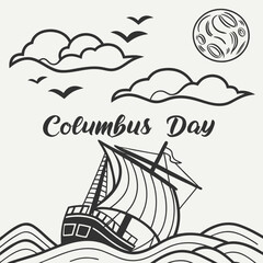 Columbus Day drawing of a sailing ship with moon and clouds © Ameen