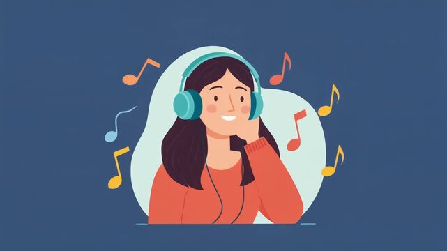 Happy young woman in blue headphones enjoying music. Cheerful girl listening to favorite tunes with a relaxed smile. Flat vector illustration of leisure time.