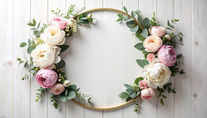 Elegant floral wreath frame with pastel pink and white roses on a white wooden background