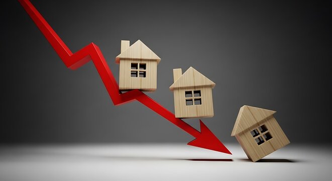Wooden house models on a declining red arrow graph indicating a downward trend in real estate market or housing prices decreasing steadily