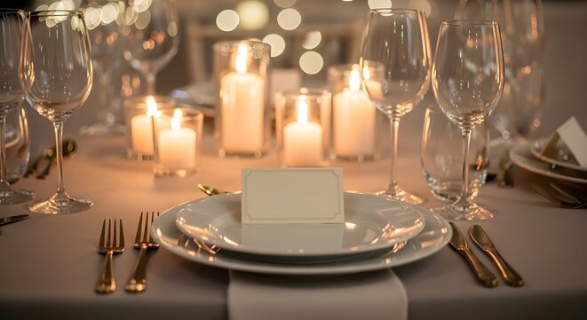 Elegant table setting with a place card and glowing candles, creating a romantic and sophisticated atmosphere for a special occasion