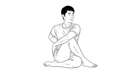 Obraz premium Man in yoga pose, seated spinal twist, stretching, mindfulness, healthy lifestyle