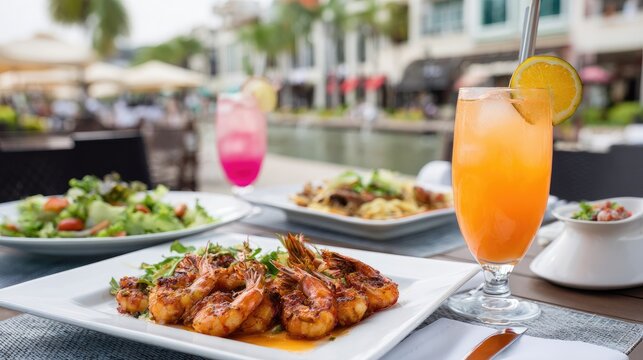 Al Fresco Dining with Shrimp Dish and Refreshing Cocktails by Scenic Waterfront