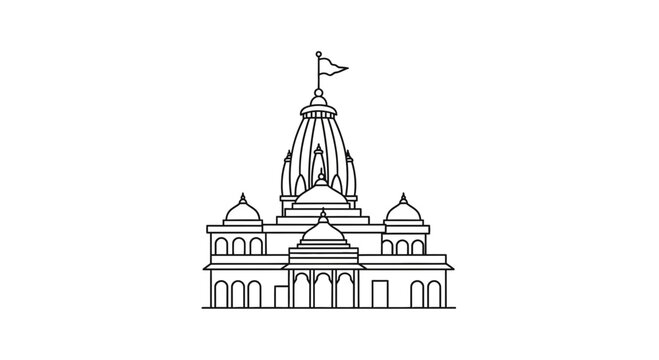 Indian Temple Architecture Line Art Icon, Hindu Religious Building Vector Illustration