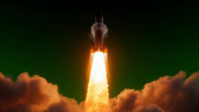 Rocket launching into the sky with bright flame and green background