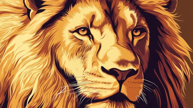 Majestic lion portrait close up of a golden maned predator against brown background