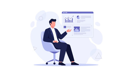 Business man presenting data analytics on screen, sitting on chair, infographic, charts