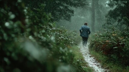 Fototapeta premium Man in Suit Running Through Rainy Forest Path: Businessman Embracing Nature's Challenges