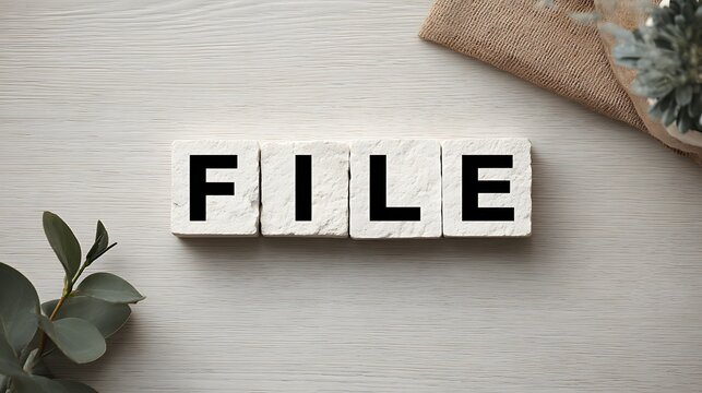 The word FILE spelled out with letter tiles on a wooden surface.