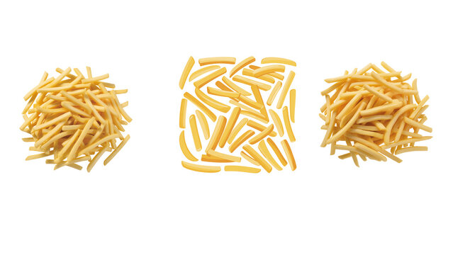 Three different shapes of pasta freshly prepared and ready for cooking. isolated on transparent background