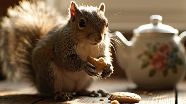 A curious squirrel sits on a wooden surface, holding a cookie in its paws, with a teapot in the background.