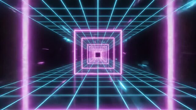 Neon pink and blue grid tunnel with futuristic and technological feel