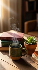 Cozy Morning Scene - Coffee, Books, and a Succulent Plant.