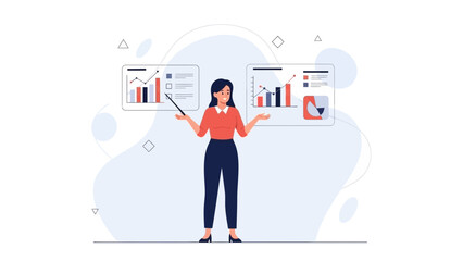 Business woman presenting financial charts and graphs on screens