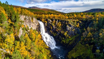 Obraz premium Majestic Waterfall Cascading Through Lush Autumnal Forest Landscape Under Cloudy Sky.