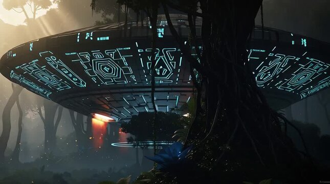 Mysterious UFO or alien spaceship hovering in the night sky with glowing lights and cinematic atmosphere, perfect for sci-fi, extraterrestrial, and space exploration themed visual content