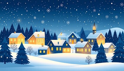 Fototapeta premium A serene winter village scene at dusk with snow-covered houses and trees under a starry night sky