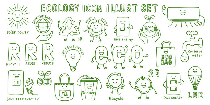 エコロジー編集可能なアイコンセット。手描きのフレンドリーなキャラクターイラストレーション。環境、持続可能性、リサイクル、エネルギー、再生可能、節電、節水、ゴミの削減、環境に優しい、太陽光発電、リユース、リデュース、グリーンエナジー、エコバッグ、ECO、3R、キャラクター、まんが、ベクター。