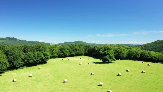 Aerial view of a sunny green field with hay bales and surrounding forest in the Morvan region, France. Clear blue sky and rolling hills create a tranquil rural landscape.