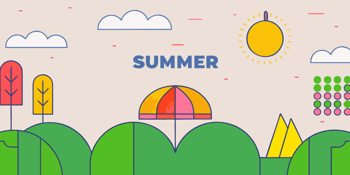 Colorful summer illustration featuring a kite mango and whimsical landscape