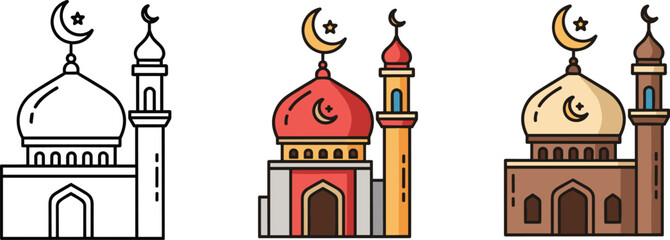 Mosque icon set with crescent moon domes in outline and colored flat styles representing Islamic architecture and religious landmarks © Shamim