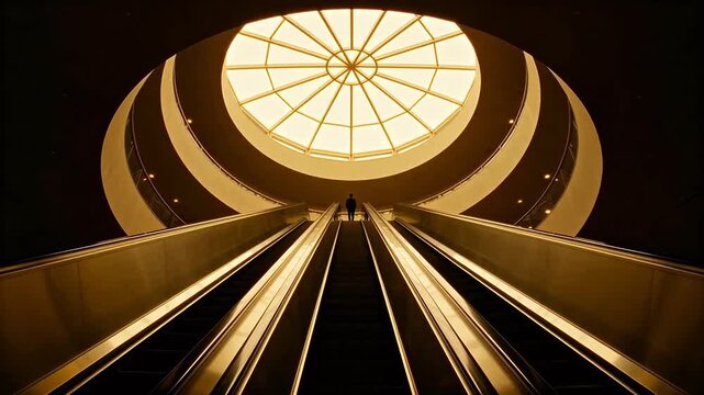Person on escalator under circular light