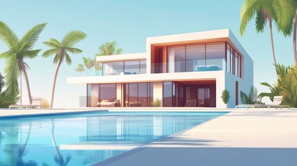 Fototapeta premium Modern luxury villa with swimming pool and palm trees under a bright blue sky