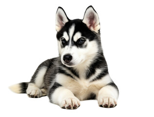 Black and white husky puppy with blue eyes sitting on a solid black backdrop, embodying playful curiosity and gentle confidence
