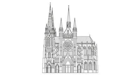 Fototapeta premium Gothic Cathedral Facade Outline Drawing, Architectural Landmark, Religious Building