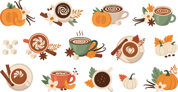 Autumn Coffee and Pumpkin Spice Clipart Set with Cinnamon Vanilla Latte Cups and Fall Harvest Decoration Vector Illustration.