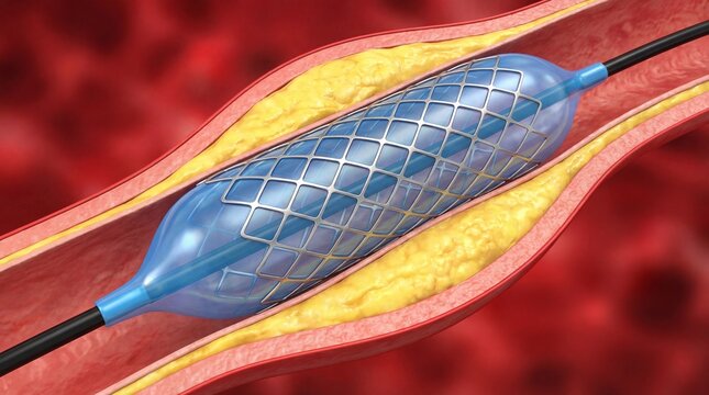 Stent being inserted into a blocked artery during angioplasty procedure