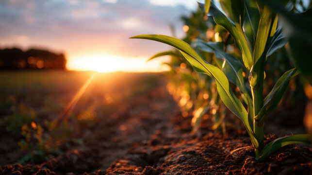 Close up, Field of corn under a dramatic sunset sky.