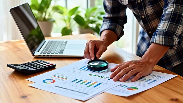 Person analyzing charts and graphs at desk