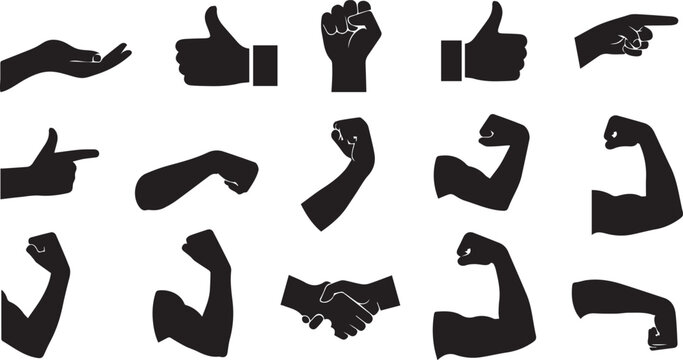 Gestural Language: A collection of various hand gestures, from a thumbs up and pointing to flexing muscles and a handshake, all in monochrome style.