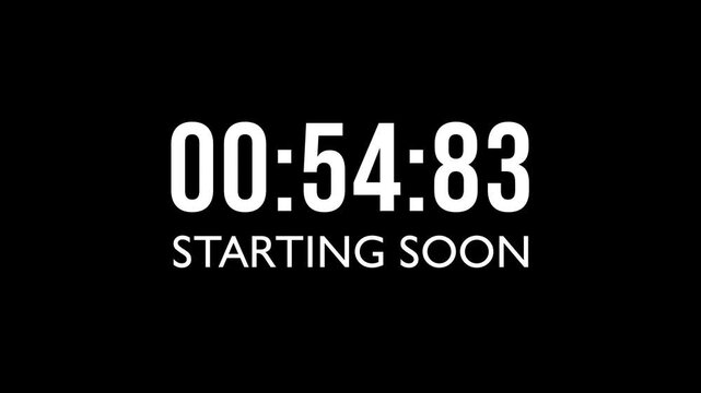 Countdown 60 second starting soon timer animation isolated on black background. White digital numbers perfect for broadcast, intro, or event overlay in 4K Resolution.