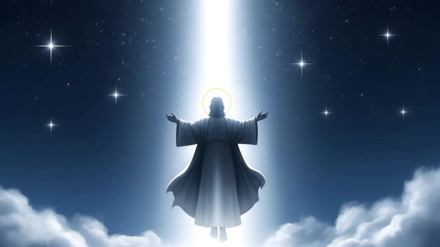 Divine Figure Ascending Heavenly Light Haloed Silhouette Spiritual Enlightenment Celestial HD video.