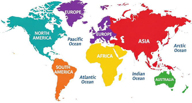 Colorful World Map with Continents and Oceans Labels Vector Illustration