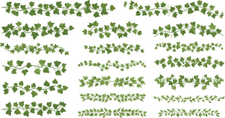 Ivy Leaf Border and Greenery Garland Collection with Seamless Climbing Plant Strips for Wedding Frame, Garden Decor, and Nature Vector Design. © MstSuborna