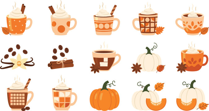 Autumn Coffee Cup and Pumpkin Spice Collection with Hot Drinks Cinnamon Vanilla and Fall Leaves for Seasonal Cafe Vector Design.