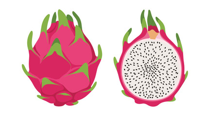 Vibrant pink dragon fruit shown as a whole fruit and a half cross section with white flesh and small black seeds against a white background.