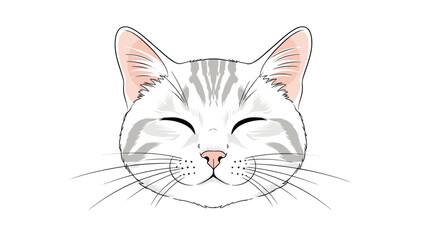 Friendly white and grey striped cat illustration with closed eyes and a happy expression isolated on a white background.