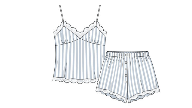 Delicate blue and white striped lingerie set featuring a lace trimmed camisole top and matching striped shorts.
