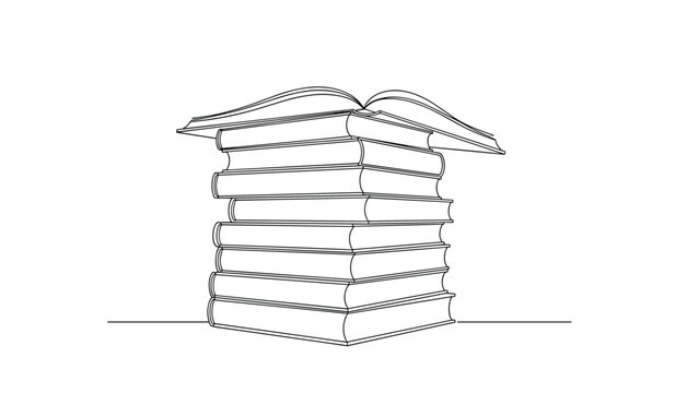 Simple black and white line drawing of a tall stack of hardcover books with an open one resting on the top of the pile.