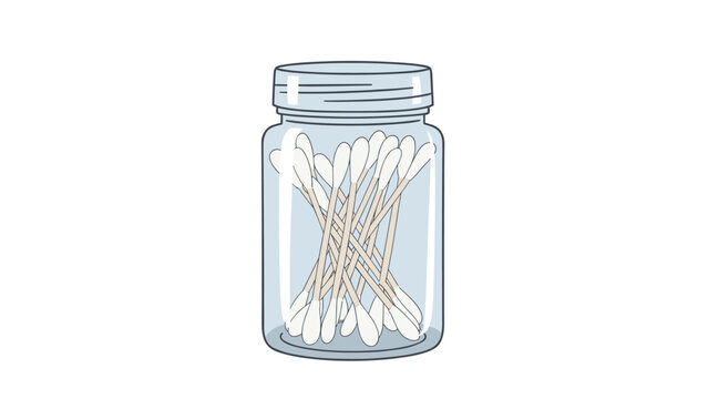 Transparent glass jar filled with many white cotton swabs for personal hygiene and cosmetic use on a white background.