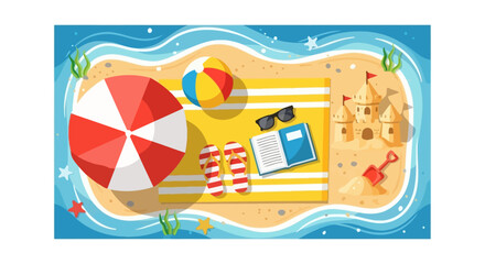 Naklejka premium Summer Beach Vacation Scene with Sandcastle, Umbrella, and Beach Ball