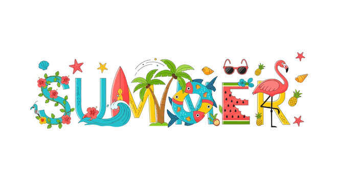 Summer Tropical Theme: Flamingo, Palm Trees, Surfboard, Sunglasses, Watermelon